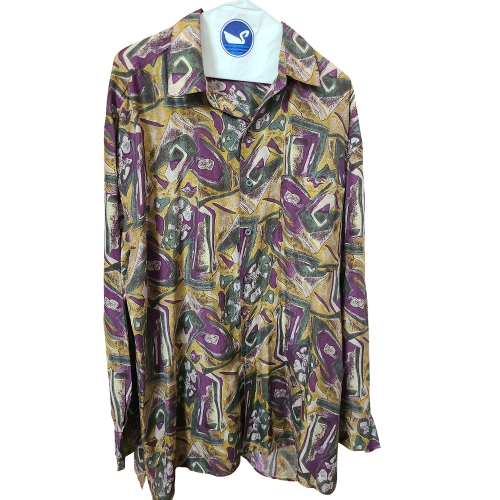 Robert Stock XL 100% Silk Abstract Geometric Shirt Multicolor Long Sleeve